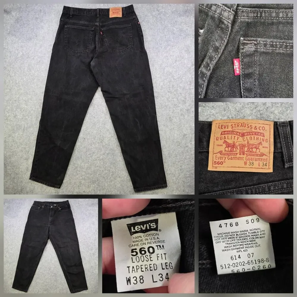 Vintage 90s‎ Levis 560 Jeans Mens 38x34 Black Denim Loose Fit Tapered Made USA